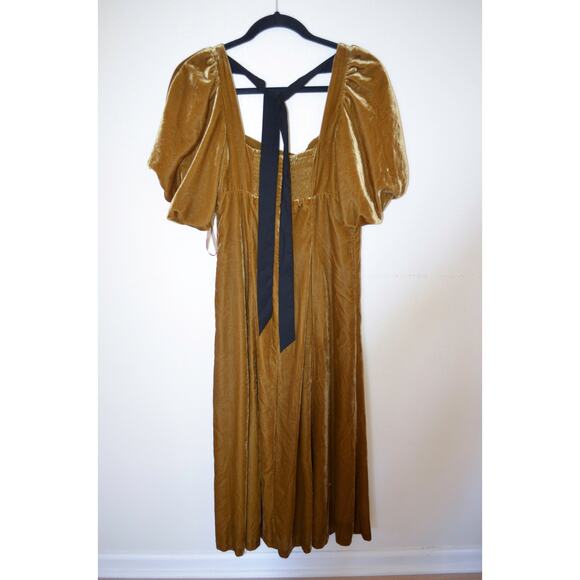 By Anthropologie Short-Sleeve Square-Neck Velvet Midi Dress Golden Mustard XS - Picture 4 of 5